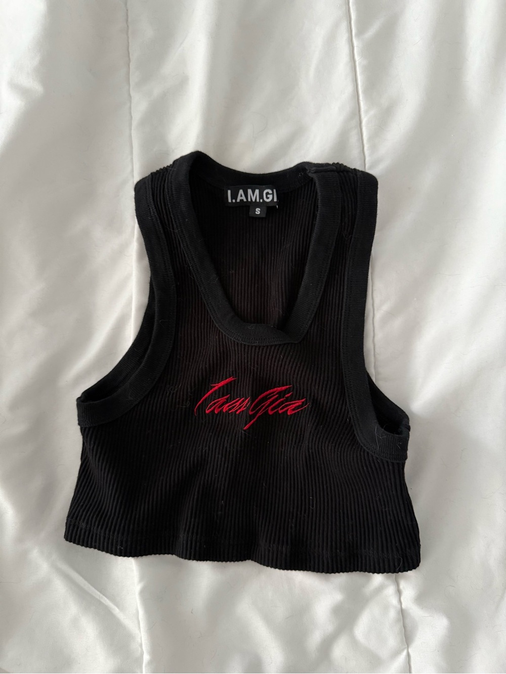 I.AM.GIA Black Ribbed Crop Tank with Red Script